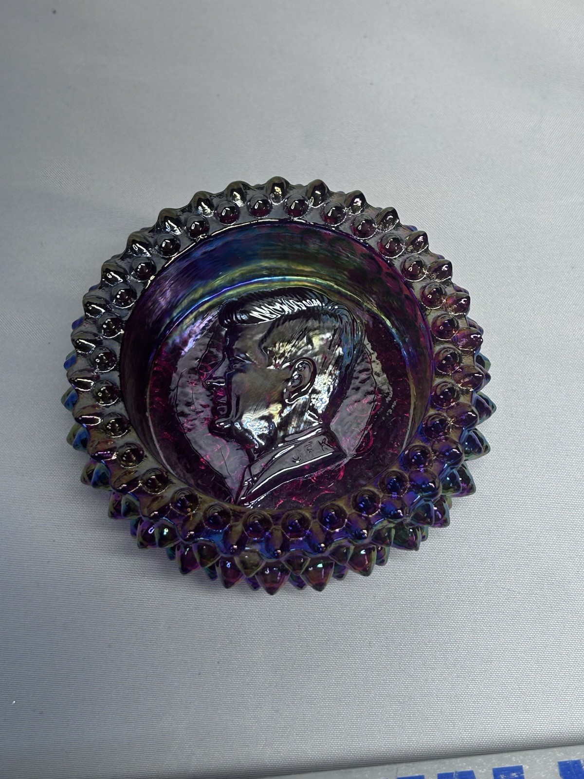 Vtg Bob St Clair Carnival Glass JFK Kennedy Hobnail Paperweight 3.25"