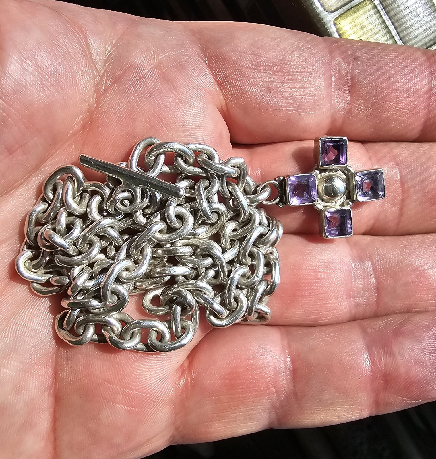 Vintage Solid Silver Chain Necklace Amethyst Cros… - image 6