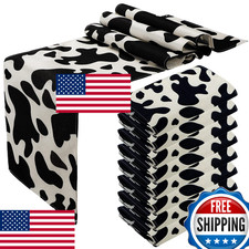 Kingdder 8 Pcs Cow Print Table Runner Farm Black White Cowhide Tablecloth 13x72"