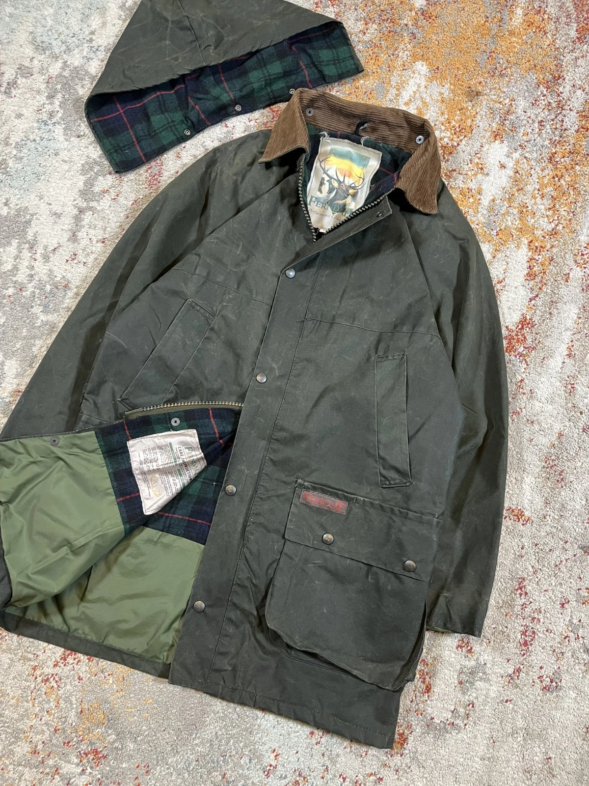 Ferndale Vintage Hunting Shooting Long Green Wax Jacket Corduroy Collar Size S