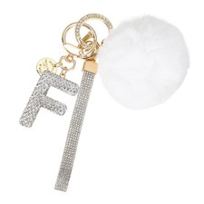 Initial Letter F Keychain with Pom and Rhinestone Wristlet, White
