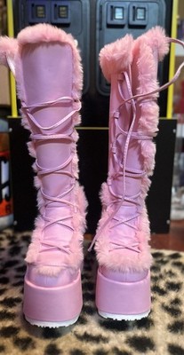 Demonia Camel-311 Pastel Pink Vegan Leather Fur Platform Knee High Boots - NEW