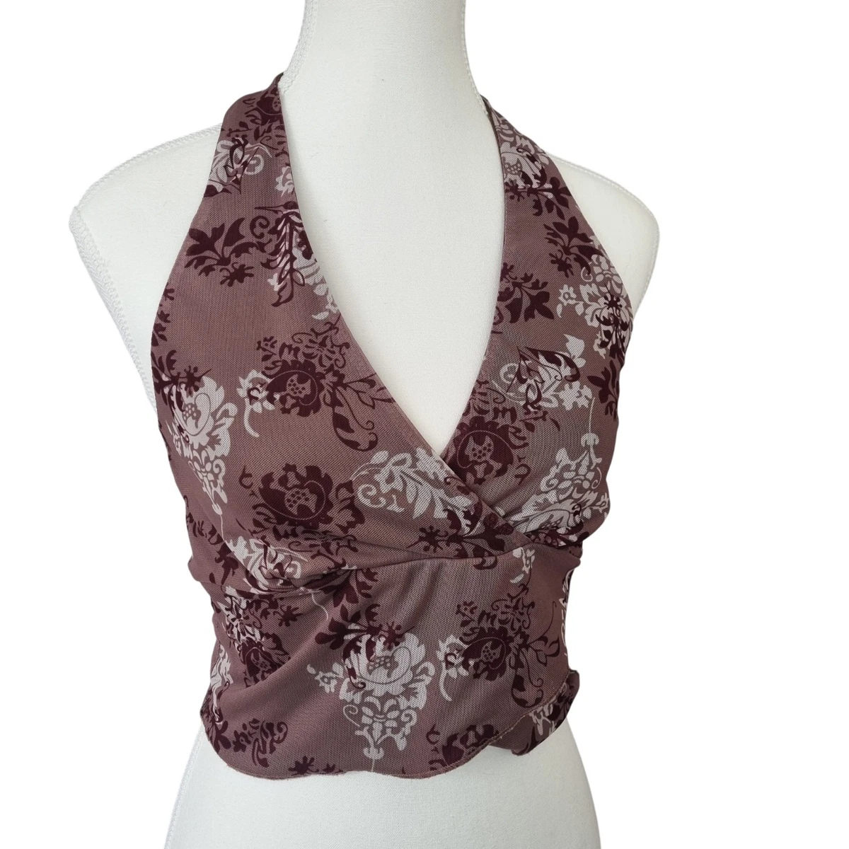 Womens Floral Halter V-Neck XS Sleeveless Tie Boho Festival 90s Y2K Hippie Fairy