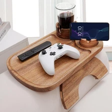 Acacia Wood Couch Arm Tray,3 in 1 Large Clip on Couch Arm Table with 360° Rot...