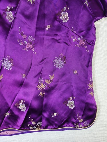 Double Peach Purple Jacquard Satin Floral Frog Button Asian Chinese Blouse 34 S - Photo 4/12