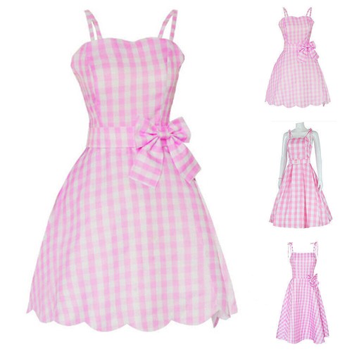 Mujer Barbie Rosa Cuadros Vestido Disfraz Carnaval Cosplay Vestido de Tirantes Vestido de Fiesta - Imagen 2 de 11