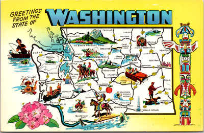 Greetings Form Washington State Map Attractions Vintage Postcard