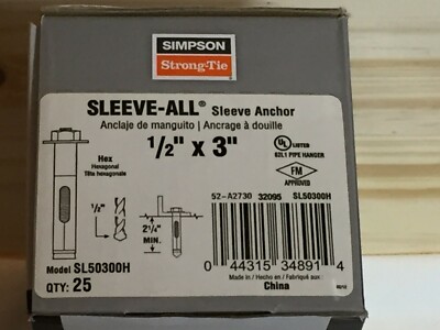 Box of 25, 1/2'' x 3'' Simpson Strong-Tie SL50300H Sleeve-All Anchor, Wedge Anchor
