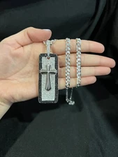 925 Sterling Silver Mens Womens CZ Black White Cross Pendant & Curb Chain 26"