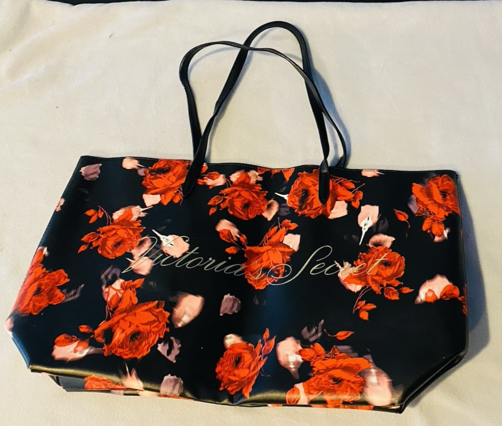 Victoria's Secret Black & Red Large Rose Tote Bag Double Handle Weekender $58