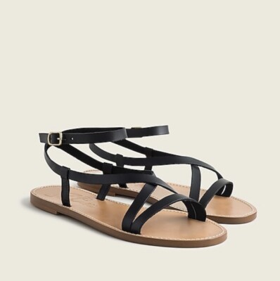 NIB Crew Flat Strappy Sandals in Vachetta Leather Black Size