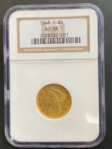 1848-C $5 Liberty Half Eagle Gold Coin, NGC AU-58, Low Mintage, Key Date Coin