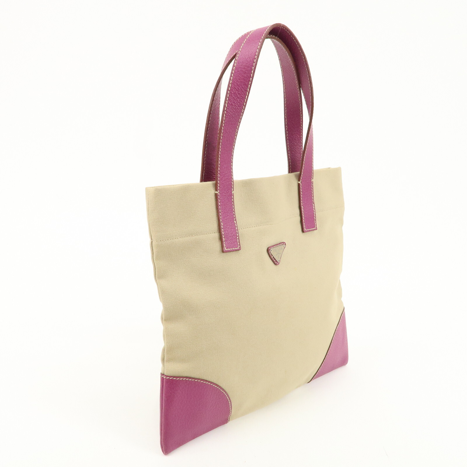 PRADA Logo Hand Bag Tote Beige Purple Canvas Leather BN0686 Auth Used image 4