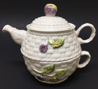 Belleek Teapot Tea for One w/Stackable Cup Basket Weave Fruits of the Forest