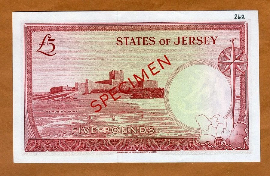Jersey, SPECIMEN, 5 pounds, ND (1963), QEII, P-9s1, Sig. 1 UNC - Image 2 of 2