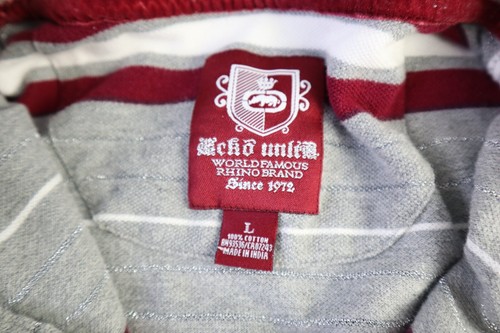 Vintage Ecko Unltd Shirt Herren Polo Y2K grau weiß rot gestreift Nashorn Preppy Hip Hop L - Bild 4 von 10