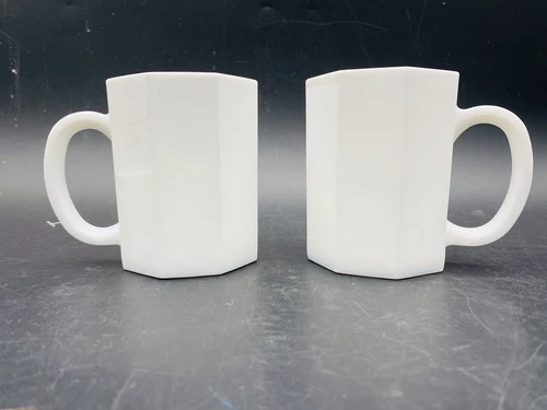 White Arcoroc Octime Glass Octagon Vintage France Set Of 2 Coffee Tea Mugs Cups