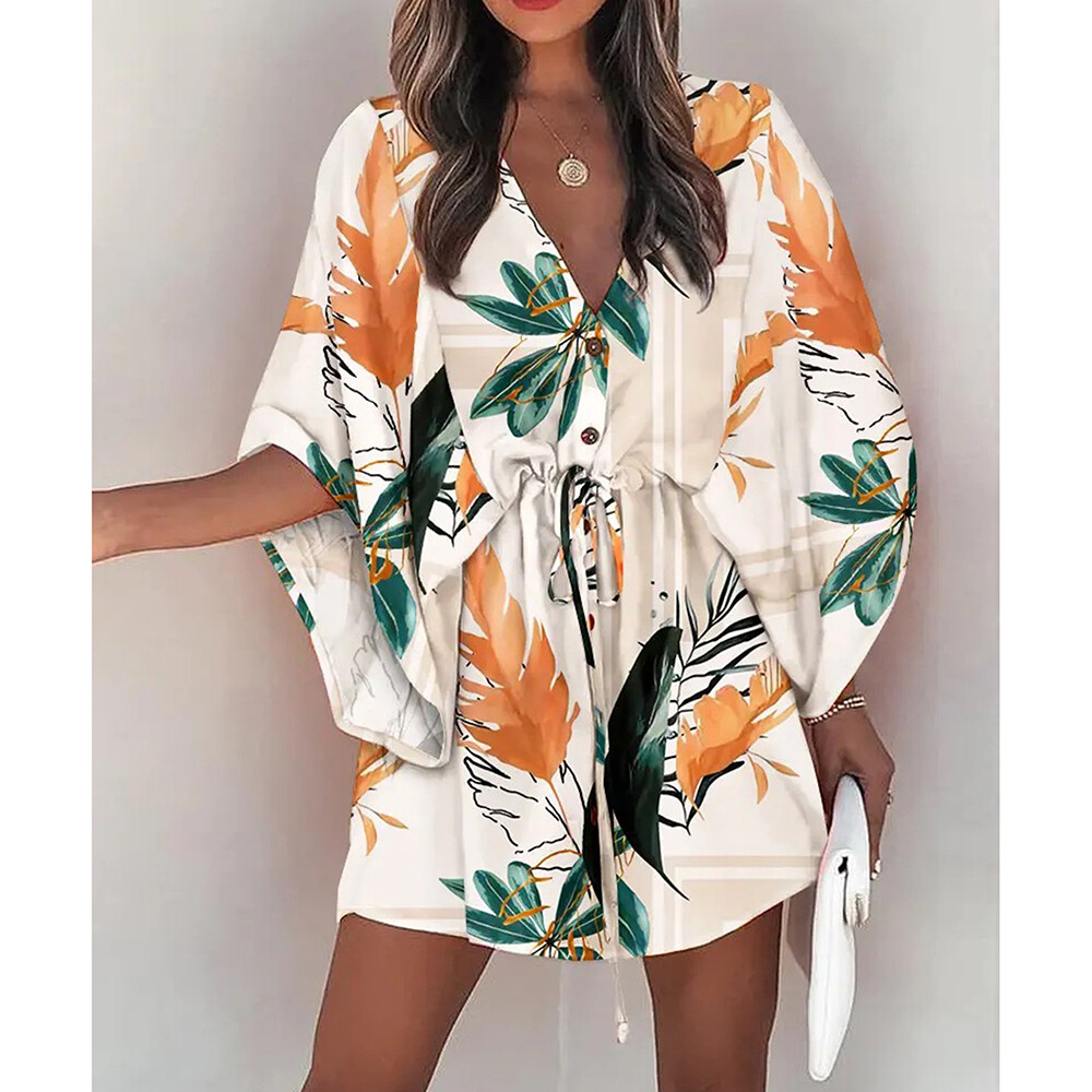 Womens Batwing Sleeve Lace up Floral Mini Dress Ladies Loose Beach Cover Up  Tops | eBay