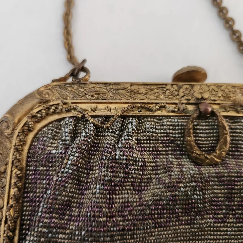 Винтажная антикварная золотистая бахрома на ремешке сумочки из эдвардианской французской стали с бисером - Изображение 4 из 4