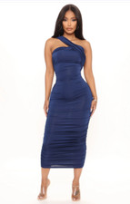 Women's Blue Ruched Crossneck Midi Dress