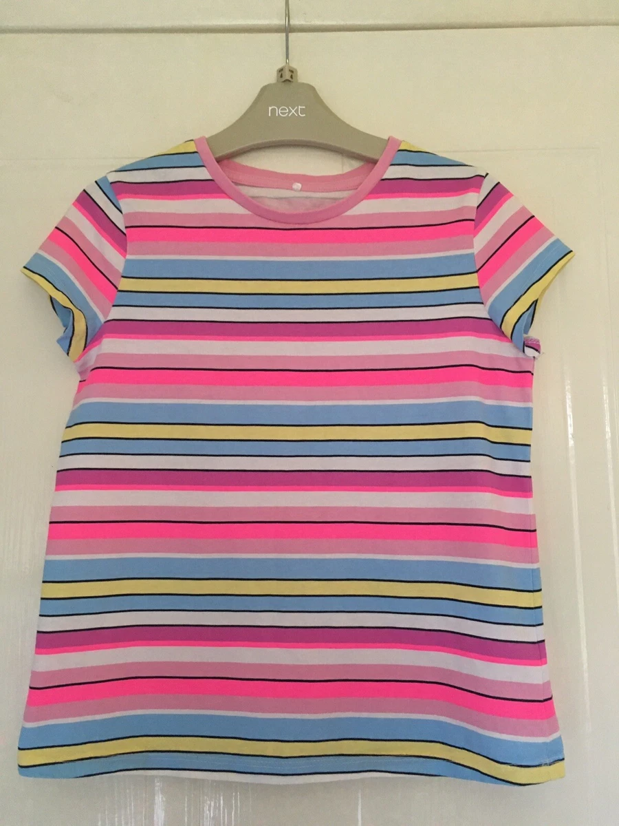 GEORGE ASDA 9 10 Y Girls Bright Striped Pink Blue Yellow Summer T Shirt Top VGC