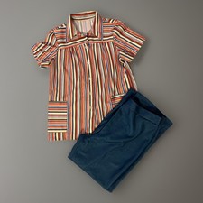 VTG 70s Handmade Set Dagger Collar Stripe Shirt Blue Pants MOD Disco Leisure S/M