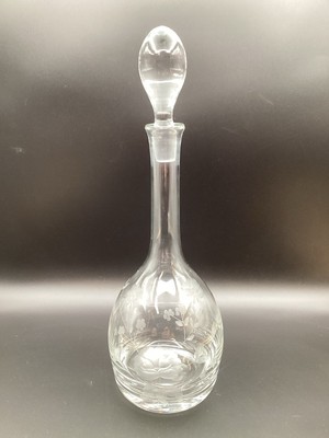VINTAGE CLEAR GLASS ETCHED WITH FLOWERS DECANTER WITH STOPPER 15'' TALL