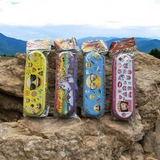 A set of 4 bright, colorful school pencil cases with emojis