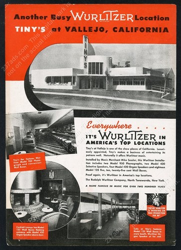 1942 Tiny's diner restaurant Valleo CA photo Wurlitzer 950 125 jukebox WWII ad