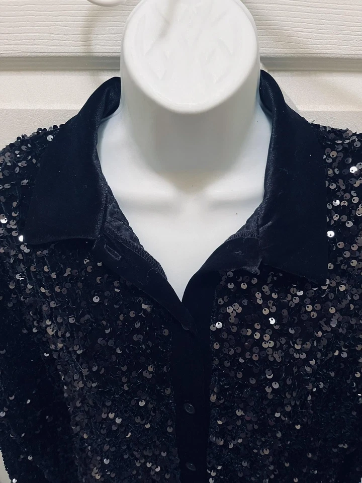 Camisa Mujer Mediana Negra Lentejuelas Cuello Terciopelo Manga Larga Moda Nova Foto 4 de 4