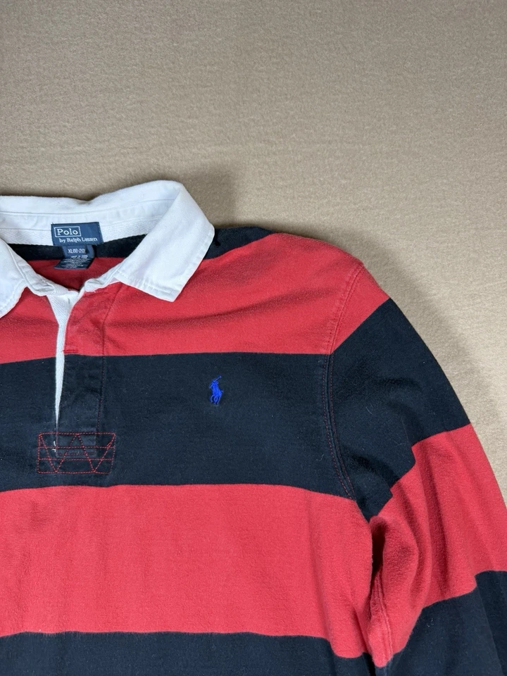 Vintage Polo Ralph Lauren Striped Rugby Long Sleeve Shirt Red Black Youth XL - Image 4 of 4