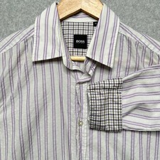Hugo Boss Lex Mens Medium Purple White Striped Cotton Button Down Shirt