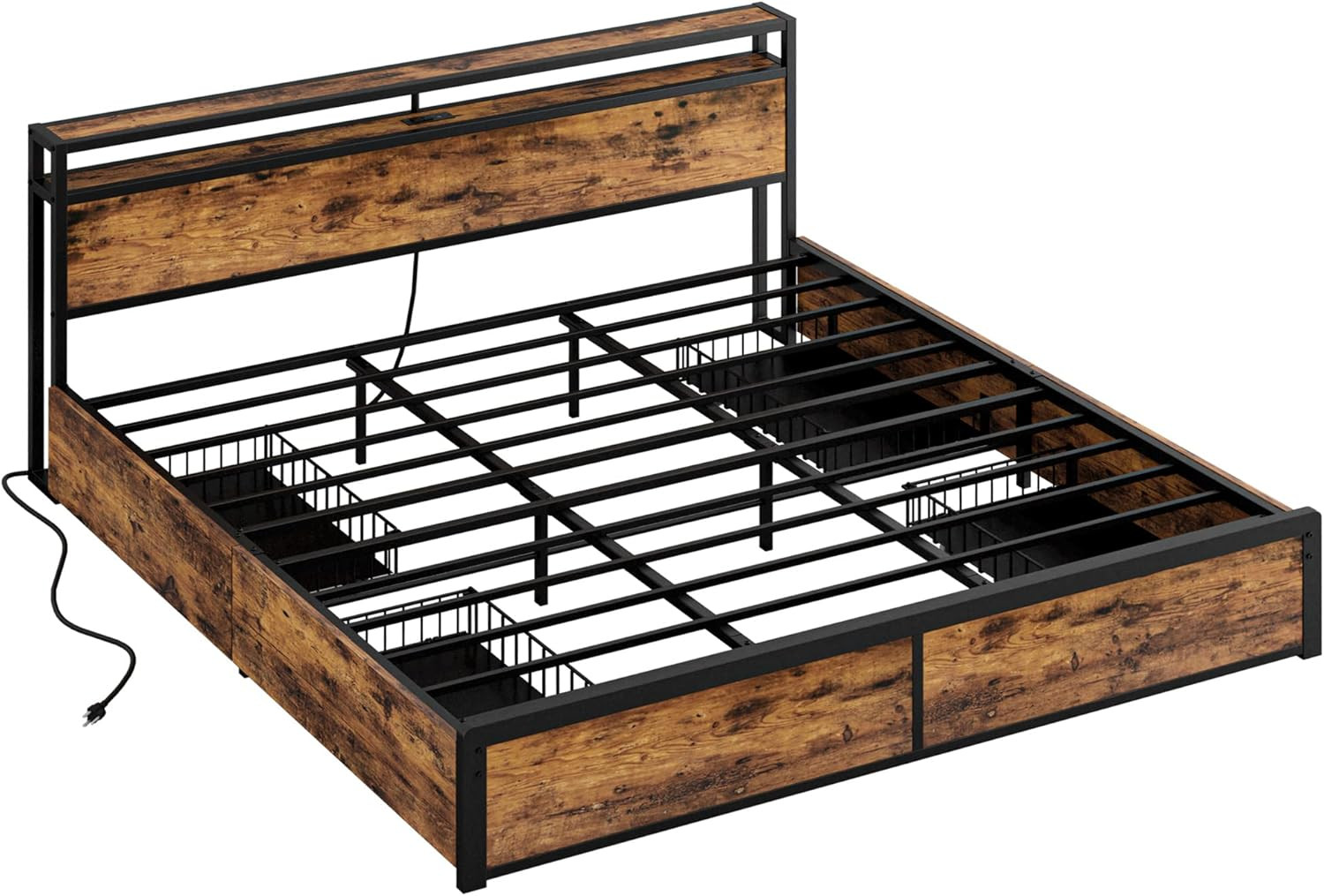 King Size Bed Frame with 4 Storage Drawers, 2-Tier Storage Headboard with Chargi