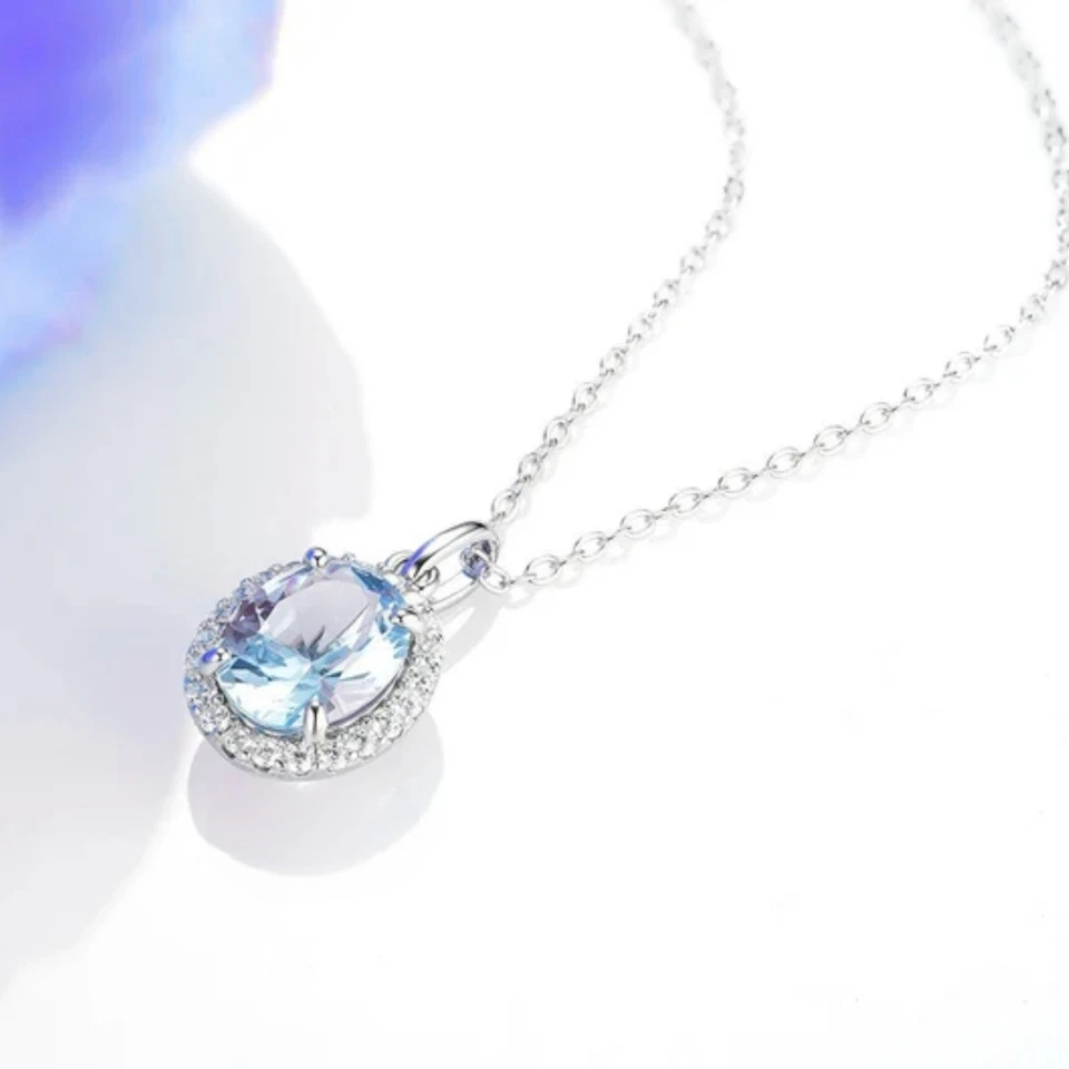 Collar Colgante Aguamarina Plata 925 Diamante Halo Colgante Regalo Para Ella Foto 3 de 4