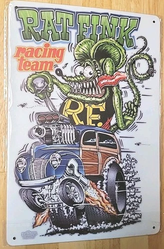 Rat Fink Riding Racing Team Ford Woody Style TIN VINTAGE WALL SIGN HOT ROD Used