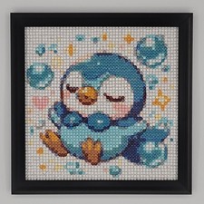 Pokemon Diamond Painting Art - Piplup Bubbles with 6" x 6" Black Frame
