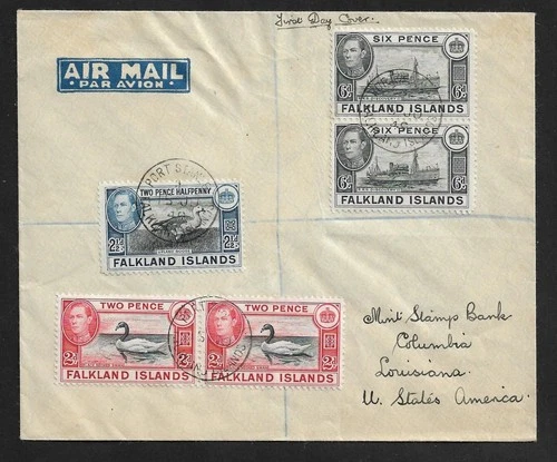 FALKLAND ISLANDS TO US AIR MAIL LOCAL SCENES ISSUES ON REGD FIRST DAY COVER 1949