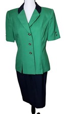 Kasper Skirt Suit Womens 8P Green Navy 2 Piece Jacket Short Sleeve Workwear