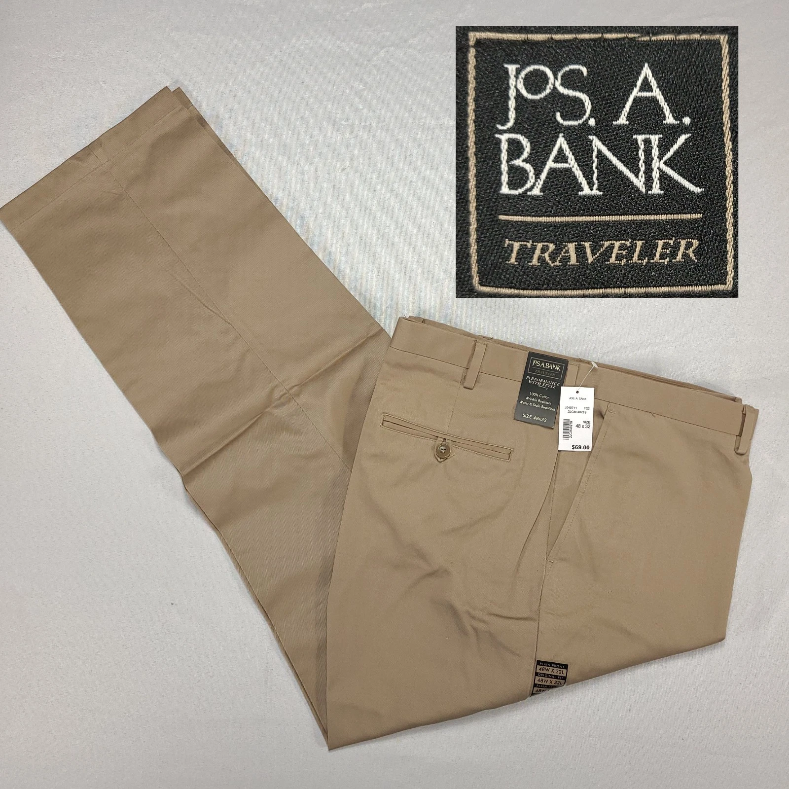 Jos A Bank Traveler Mens Khaki Pants Size 48x32 British Tan Cotton Chino NEW NWT