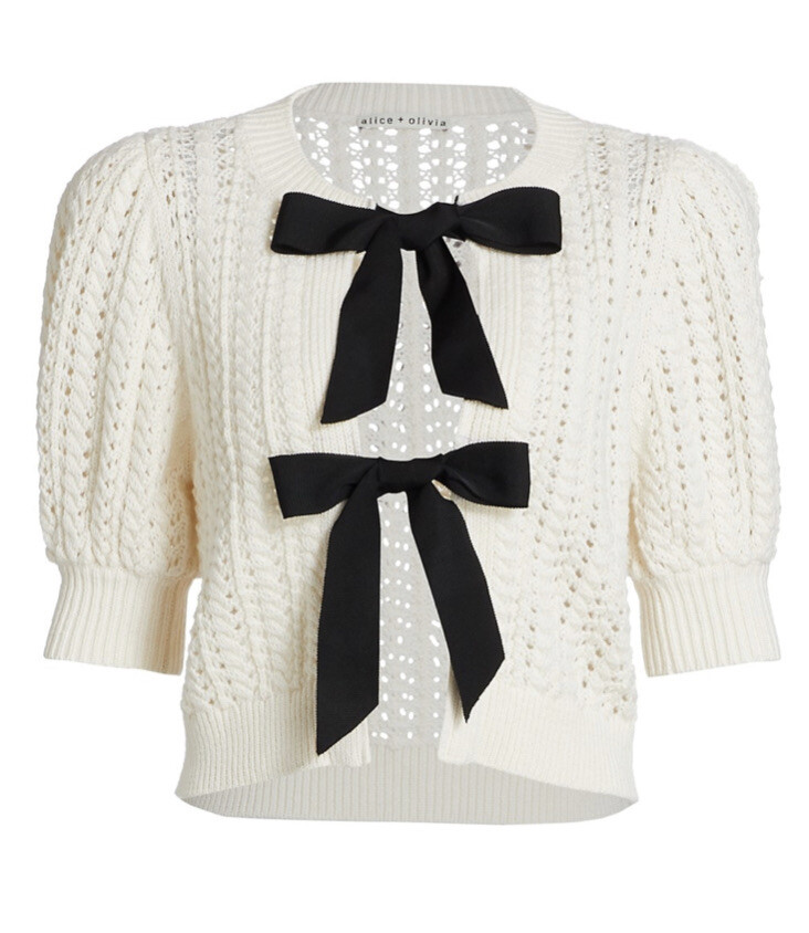 NWT Alice + Olivia kitty Puff Sleeve Bow Accent Cardigan