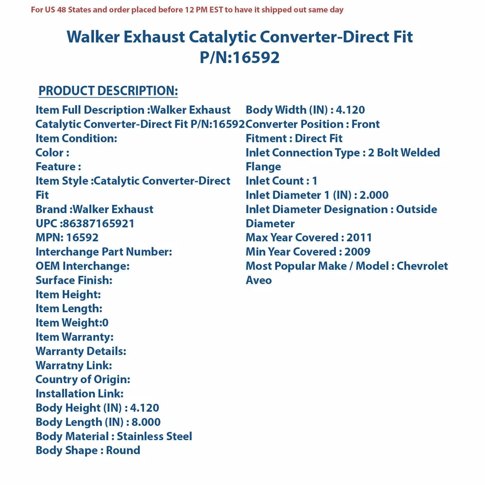 Каталитический преобразователь выхлопной системы Walker прямая посадка 16592 - Изображение 4 из 4