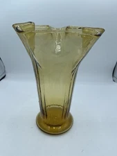 Vintage Hand Made Crafted Art Glass Vase Amber Flared Star Rim Ribbed Sides 9" T
