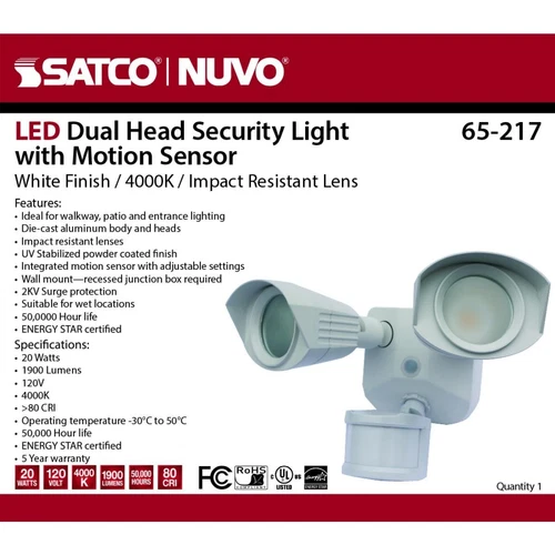 Satco 65-217 Dual-Head 20W LED Security Light with Motion Sensor 1900 Lumen 120V - Picture 3 of 4