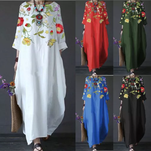 Übergröße Damen Sommerkleid Kleid Damen locker Sommer Blumen Boho Kaftan Maxikleid - Bild 2 von 20