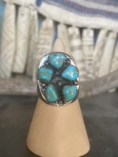Kingman Turquoise Ring Rosette Cluster Sterling Silver 925 Sawtooth Bezel 7.25