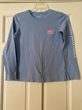 VINEYARD VINES Youth T-Shirt Size L 14 Blue Long Sleeve Whale Logo Pocket