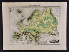 1880 Migeon Map - Physical Europe - Spain France Germany Italy - Vesuvius View