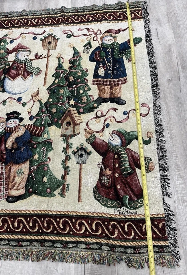 Manta de Navidad Vicky Howard tapiz tejido muñeco de nieve pájaros árboles Foto 2 de 4
