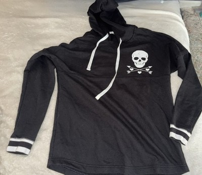 VLONE Black Skull Pullover Hoodie Large White Striped Sleeves Women