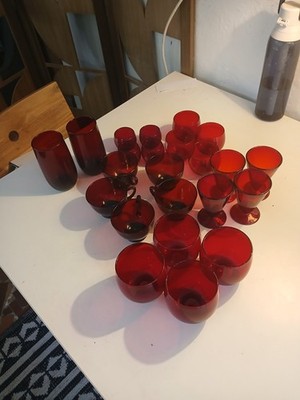 1930s Anchor Hocking Royal Ruby Red Glass Set 21 Piece. Tea, Wine, ''Rolly Polly''